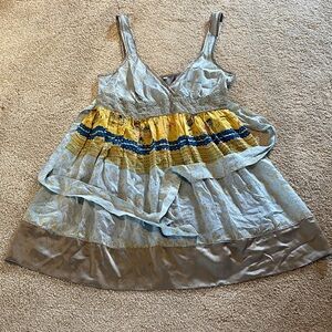 Johnny Was RARE Silky Babydoll Tie Waist Top Floral Gray Yellow Embroidered XS